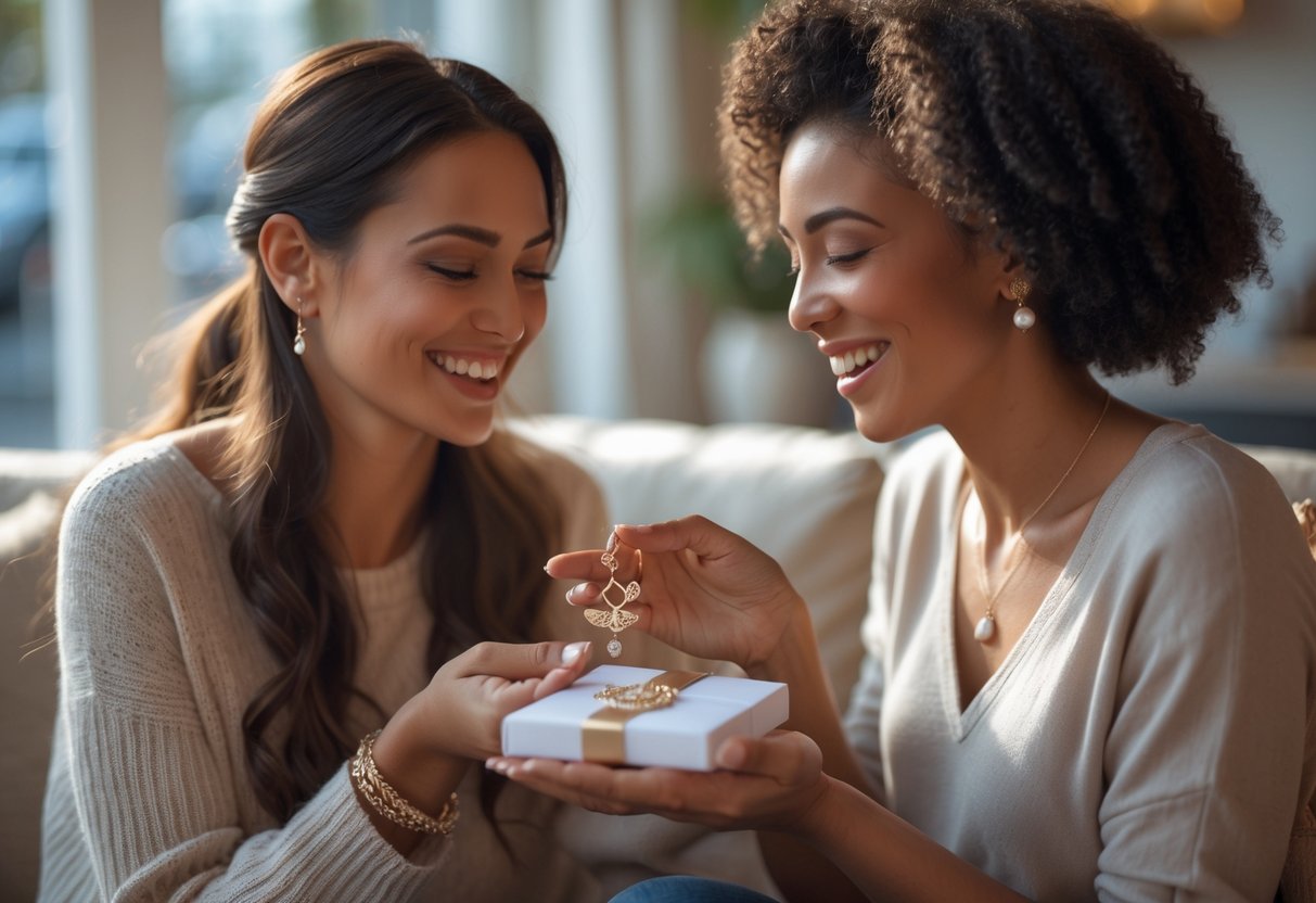 Two women sharing a warm moment as one gives the other a piece of meaningful jewelry, smiling and seated in a bright, cozy setting.