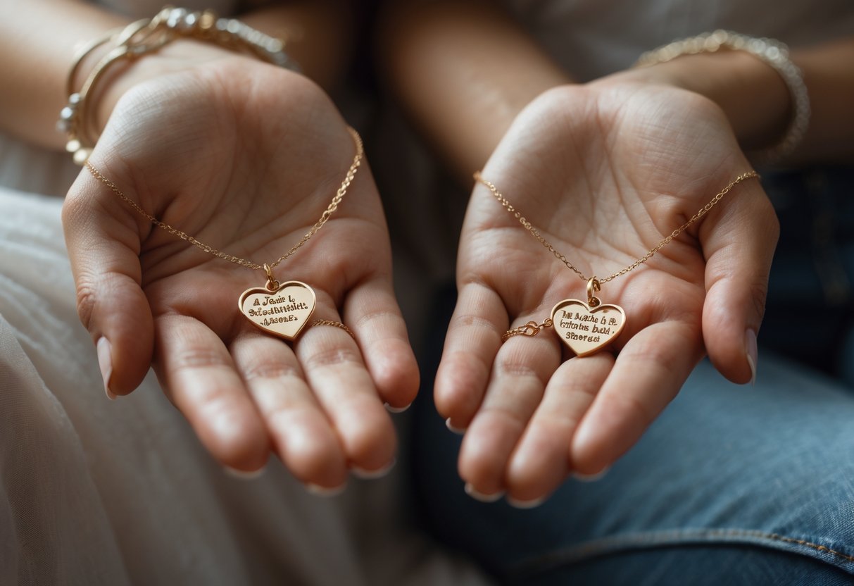 Two women’s hands holding matching soul sister message jewelry pieces in a warm, intimate setting.