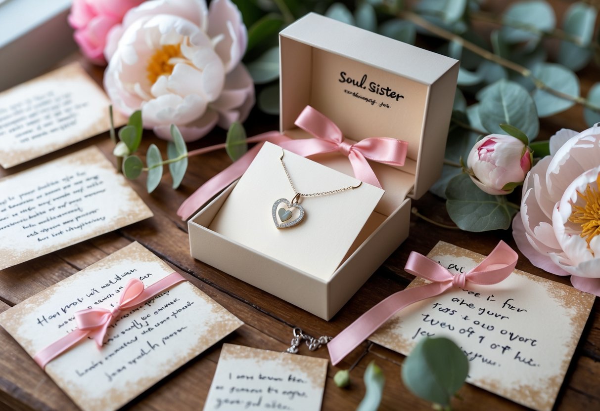 A jewelry box with a heart-shaped necklace and earrings, surrounded by handwritten notes and pink and white flowers on a wooden table.
