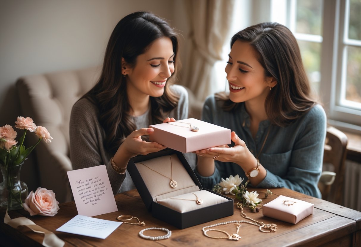 Two women sitting at a table, one giving the other a jewelry gift, sharing a warm and joyful moment.