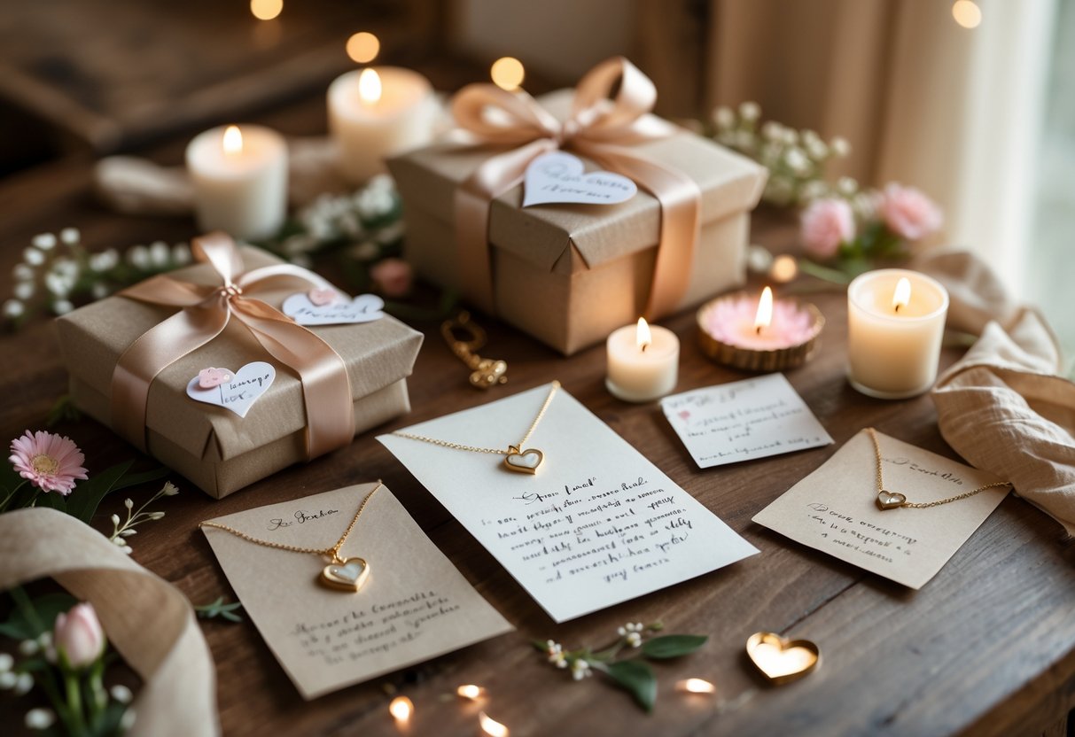 A gift set with jewelry and handwritten notes arranged on a wooden table with flowers and candles.