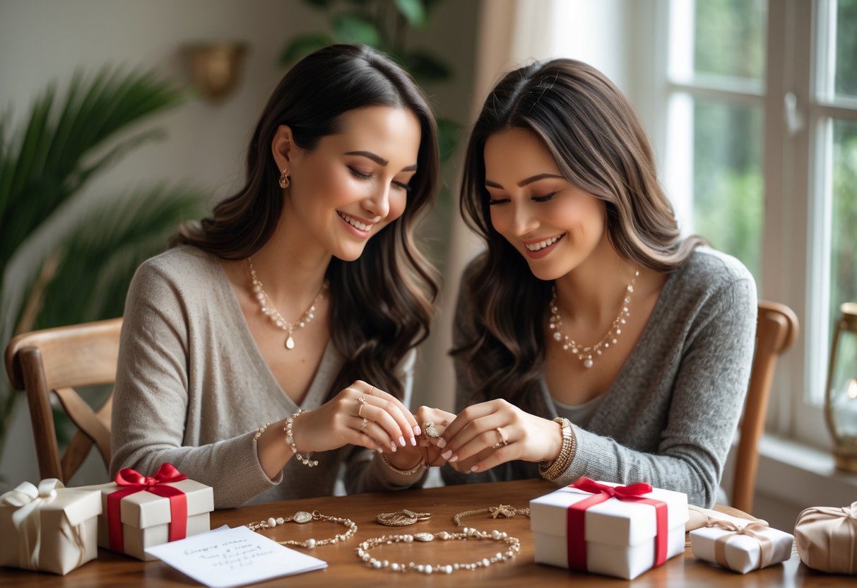 Two women sitting together exchanging jewelry and smiling warmly in a cozy, softly lit setting.