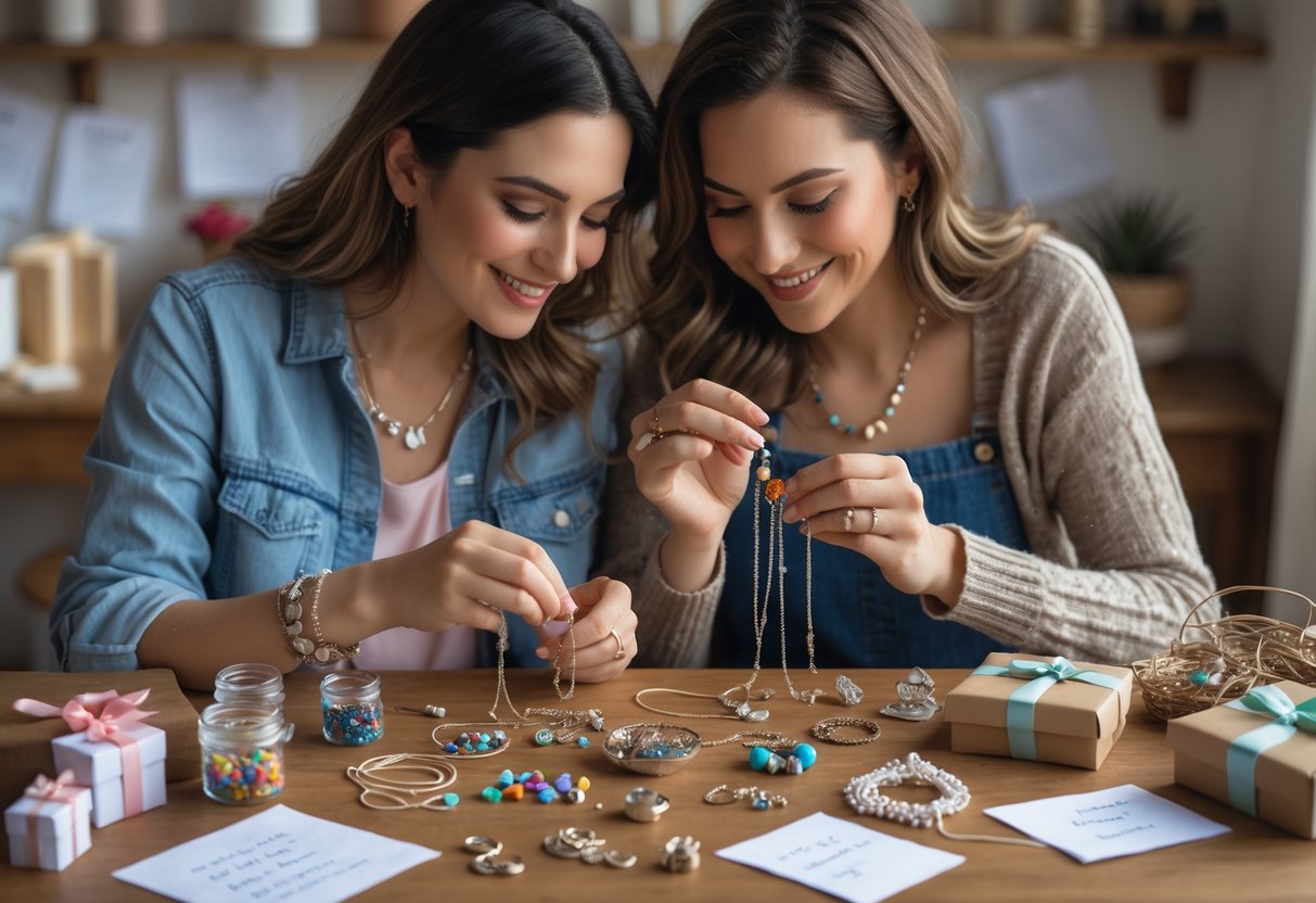 Two women sitting at a table making handmade jewelry together, surrounded by beads, charms, and small gift boxes.