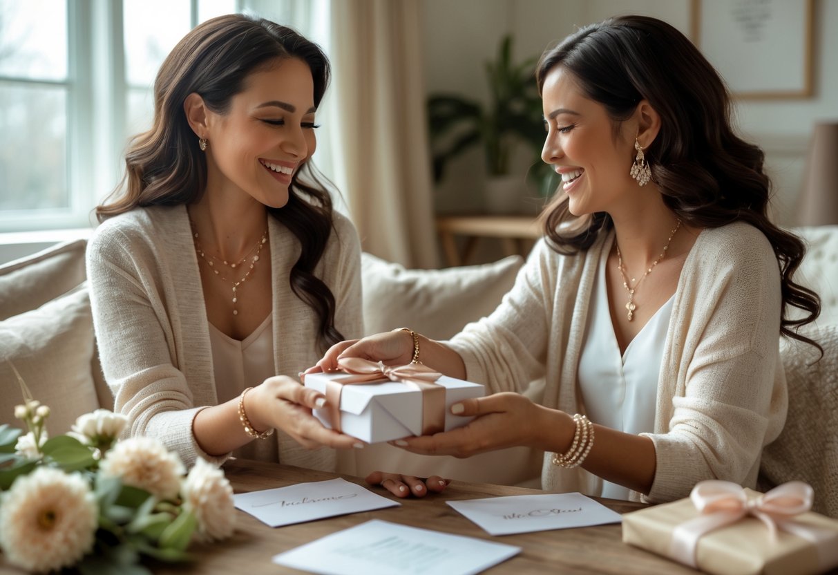 Two women sharing a joyful moment as one gives the other a jewelry gift in a cozy room with natural light.