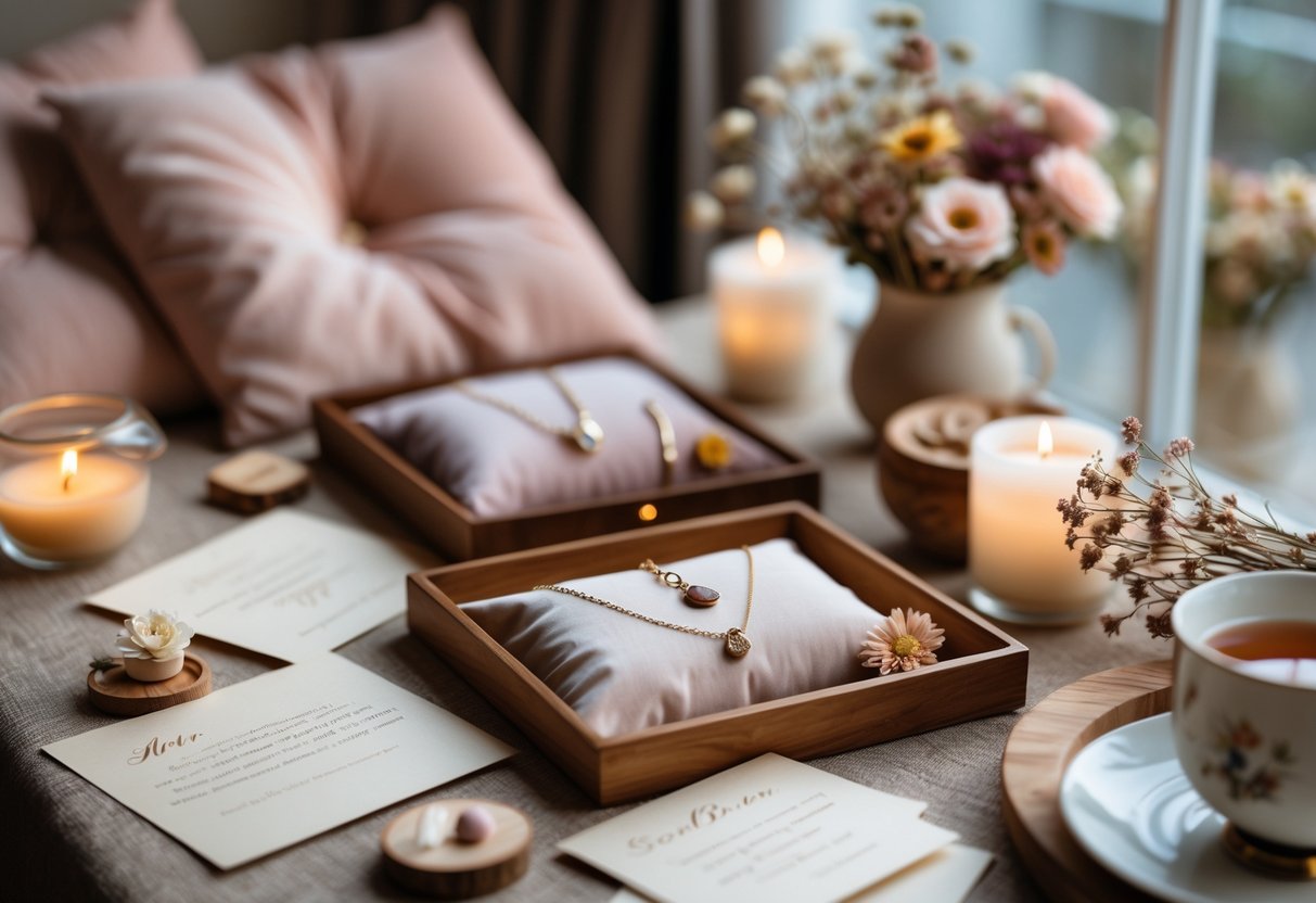 A cozy table with elegant jewelry, handwritten notes, candles, dried flowers, and a cup of tea arranged to celebrate a close friendship.