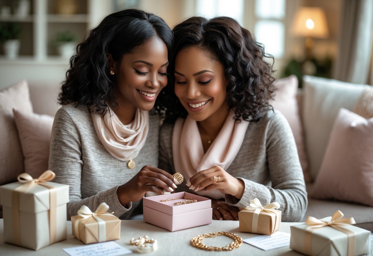 Two women exchanging a jewelry gift in a cozy living room, smiling and sharing a warm moment.