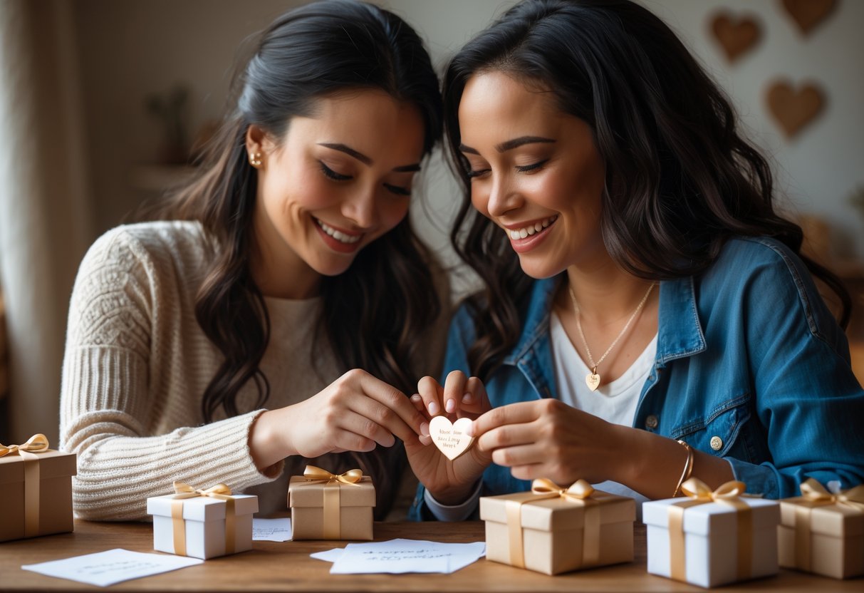 Two women sitting together exchanging a heart-shaped necklace gift, smiling warmly at each other.