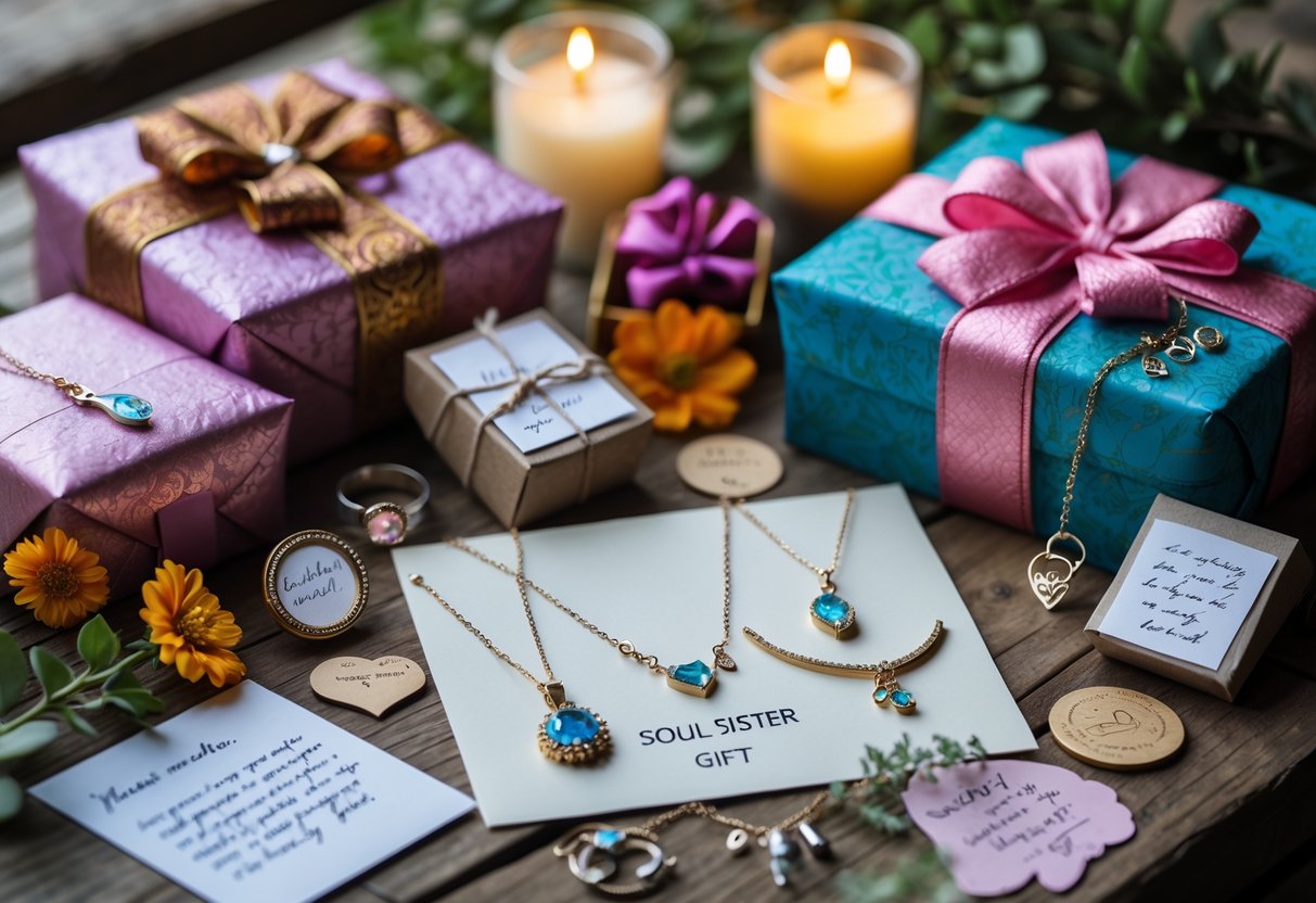 A wooden table with wrapped gift boxes, jewelry pieces, handwritten notes, and small keepsake items arranged together.