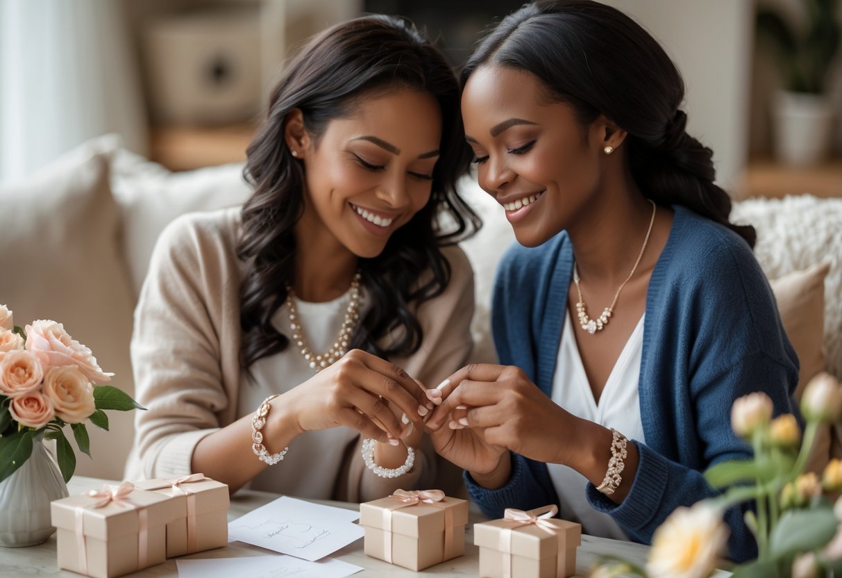 Two women sitting closely, smiling and exchanging matching jewelry in a cozy setting, sharing a moment of sisterly connection.