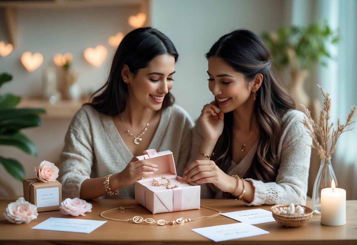 Two women sitting at a table sharing a joyful moment as one gives the other a jewelry gift, surrounded by handwritten notes and jewelry pieces.