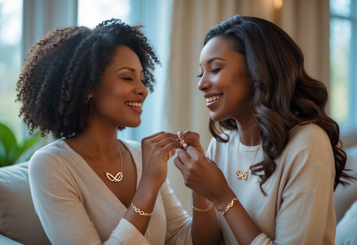 Two women exchanging meaningful soul sister jewelry gifts and smiling warmly at each other indoors.