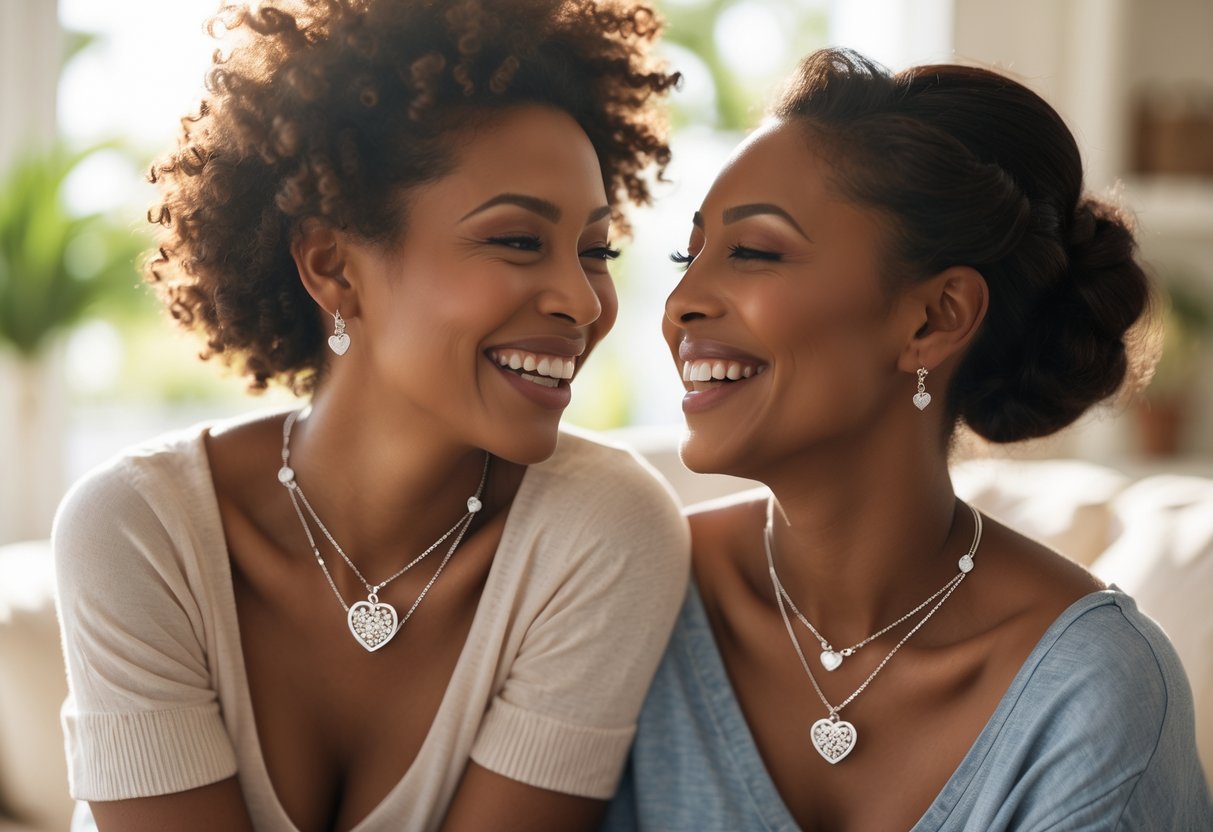 Two women smiling at each other while wearing matching soul sister jewelry, sharing a warm and loving moment.