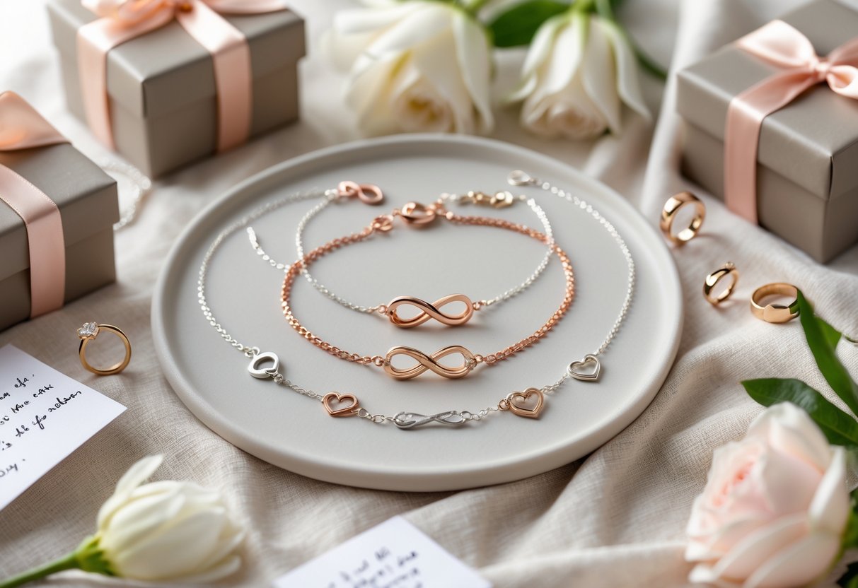 A collection of matching bracelets, necklaces, and rings arranged with flowers and gift boxes on a soft fabric background.