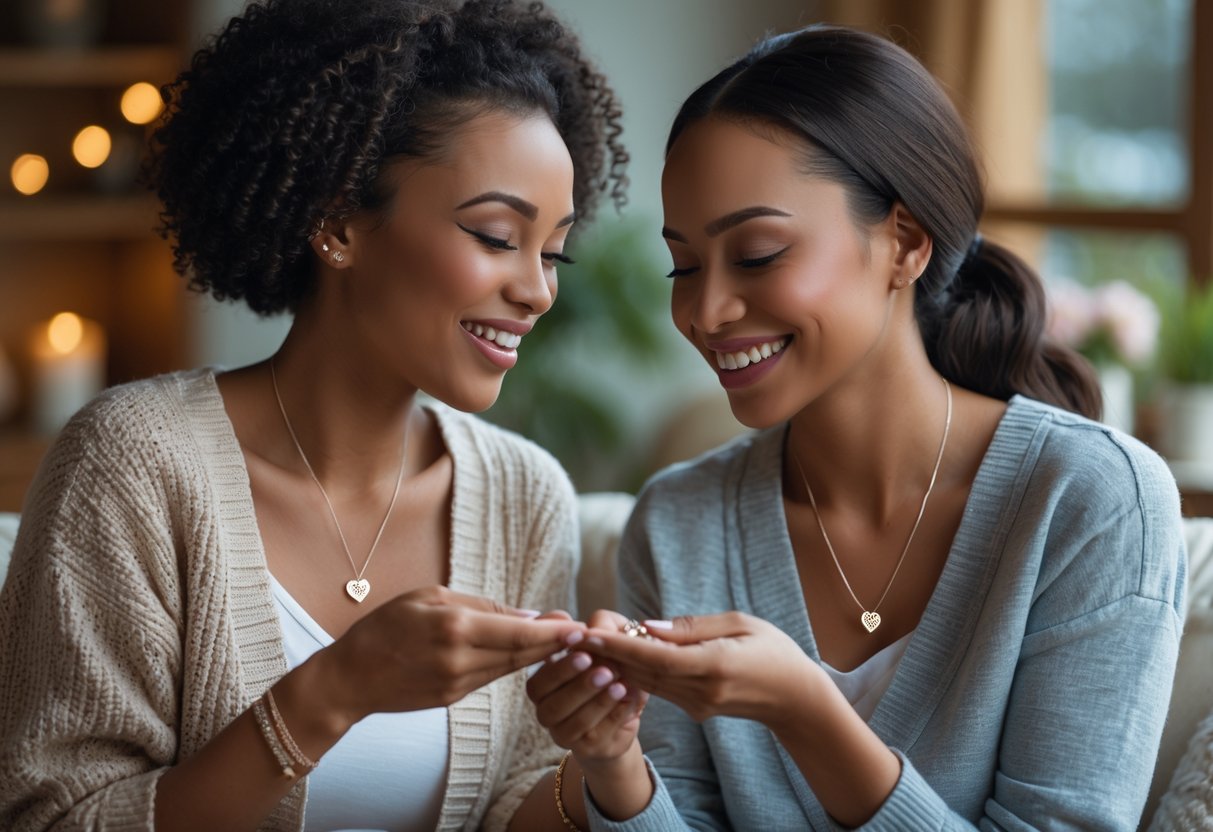 Two women exchanging meaningful jewelry gifts and sharing a warm, joyful moment together indoors.