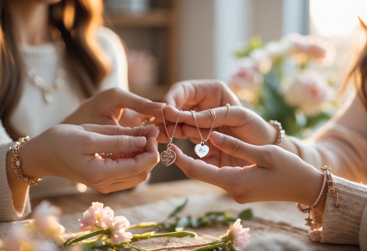 Two people exchanging personalized soul sister jewelry in a warm, intimate setting.