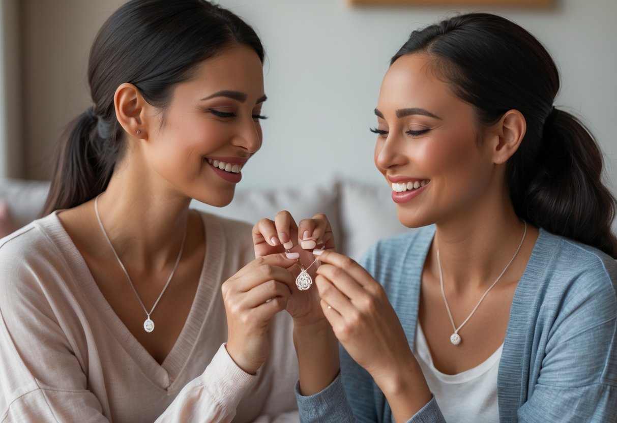 Two women exchanging and wearing elegant sister jewelry gifts, smiling warmly at each other in a cozy indoor setting.