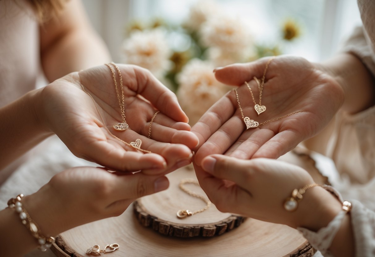 Two pairs of hands gently exchanging meaningful matching jewelry in a warm, cozy setting.