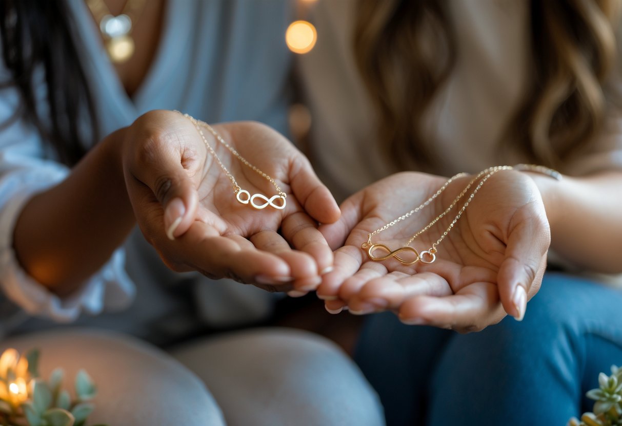 Two women holding matching soul sister jewelry pieces, showing their hands and wrists with a warm, cozy background.