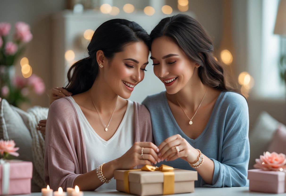 Two women sharing a warm moment as one gives the other meaningful soul sister jewelry gifts in a cozy, softly lit room.
