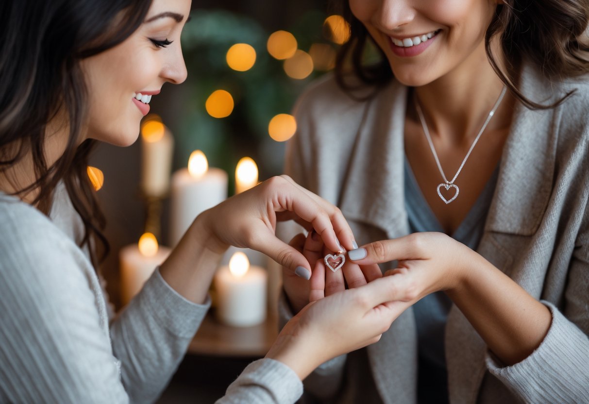 Two women exchanging a heart-shaped necklace in a warm, intimate setting.