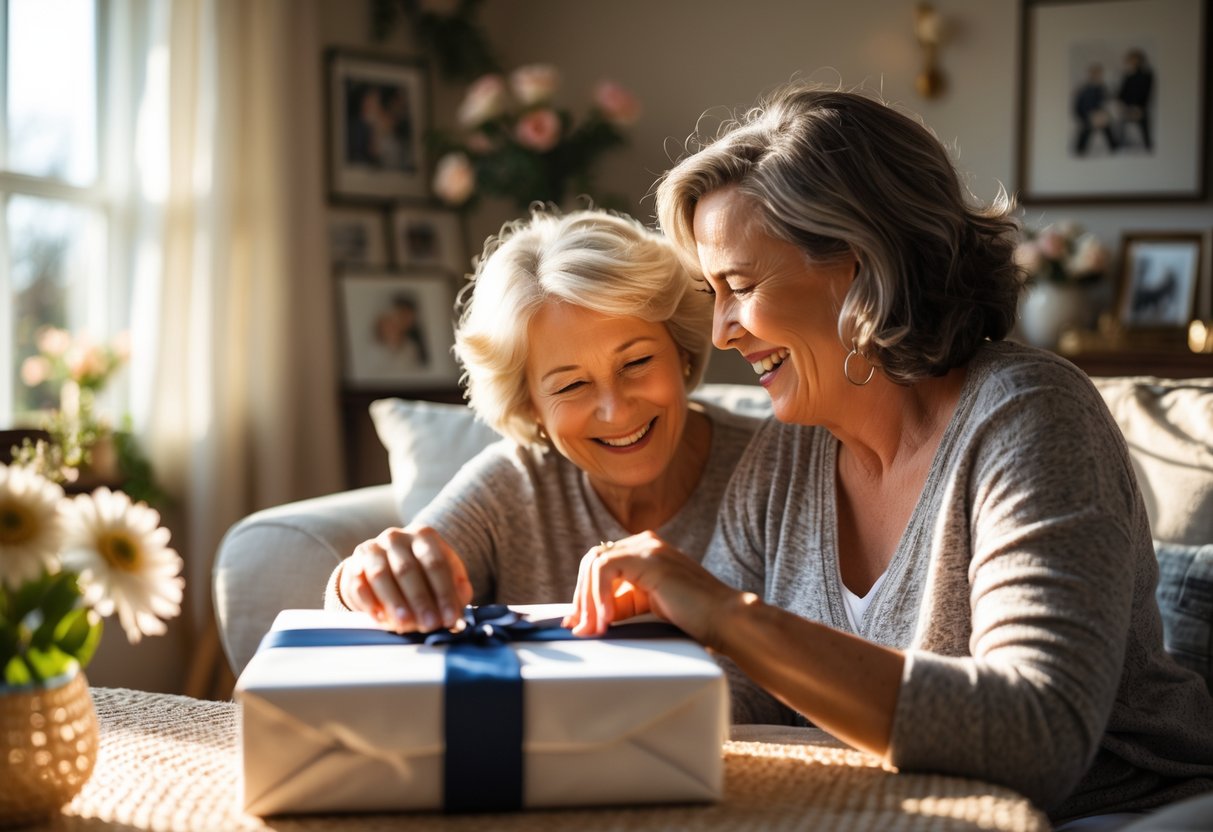 A mother and adult child sharing a joyful moment as the mother opens a personalized gift in a cozy living room.