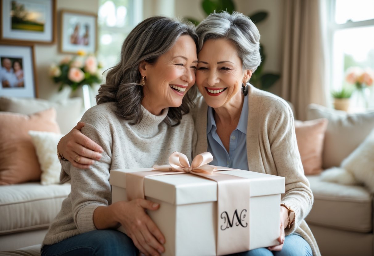A mother and adult child sharing a happy moment as the child gives a personalized gift to the mother in a cozy living room.