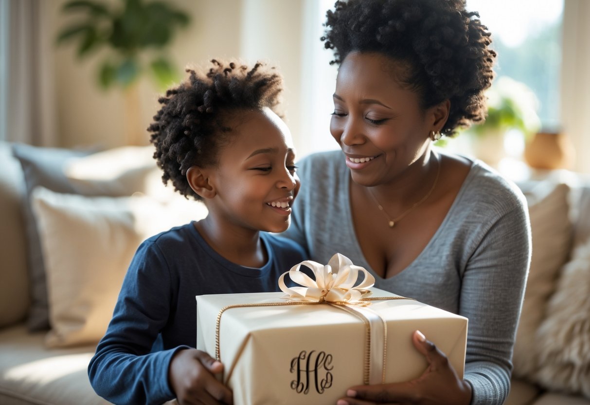 A mother and adult child share a warm moment as the child gives a personalized gift to the mother in a cozy, sunlit living room.