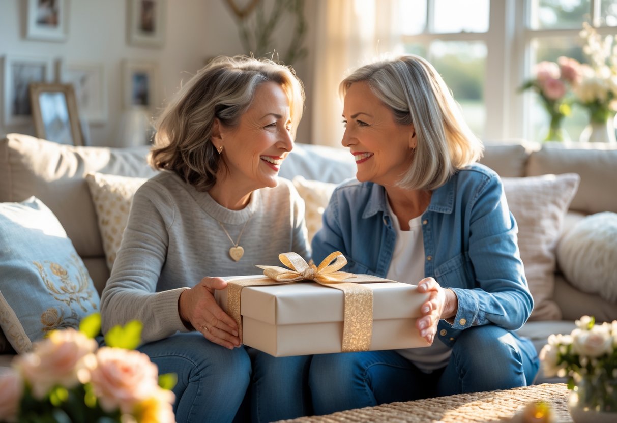 A mother and adult child sharing a joyful moment as the mother receives a personalized gift in a cozy living room.
