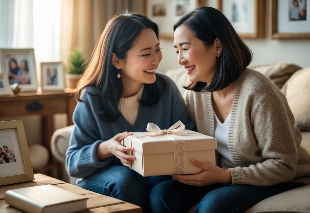 A mother and adult child sharing a warm moment as the mother holds a beautifully wrapped personalized gift in a cozy living room filled with family keepsakes.