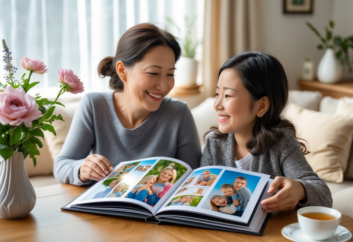 A mother and adult child sit together looking through a custom photo book filled with family pictures at a cozy table in a sunlit room.