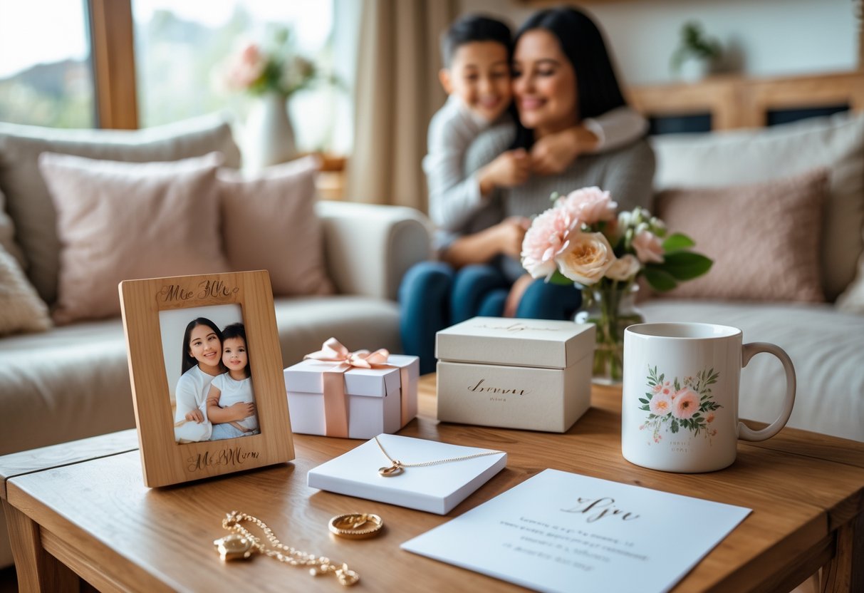 A mother and adult child sharing a joyful moment surrounded by personalized gifts on a wooden table in a cozy living room.