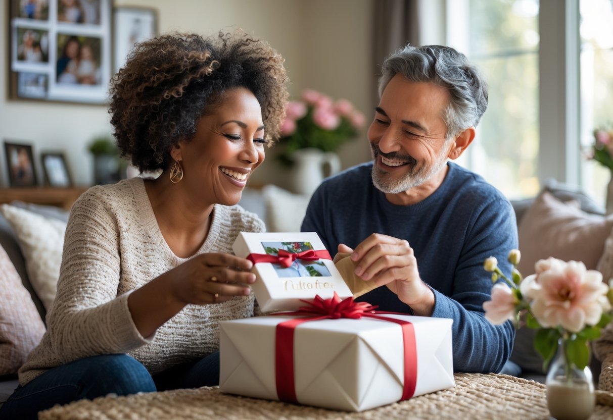 A mother and adult child smiling as the mother unwraps a personalized gift in a cozy living room.