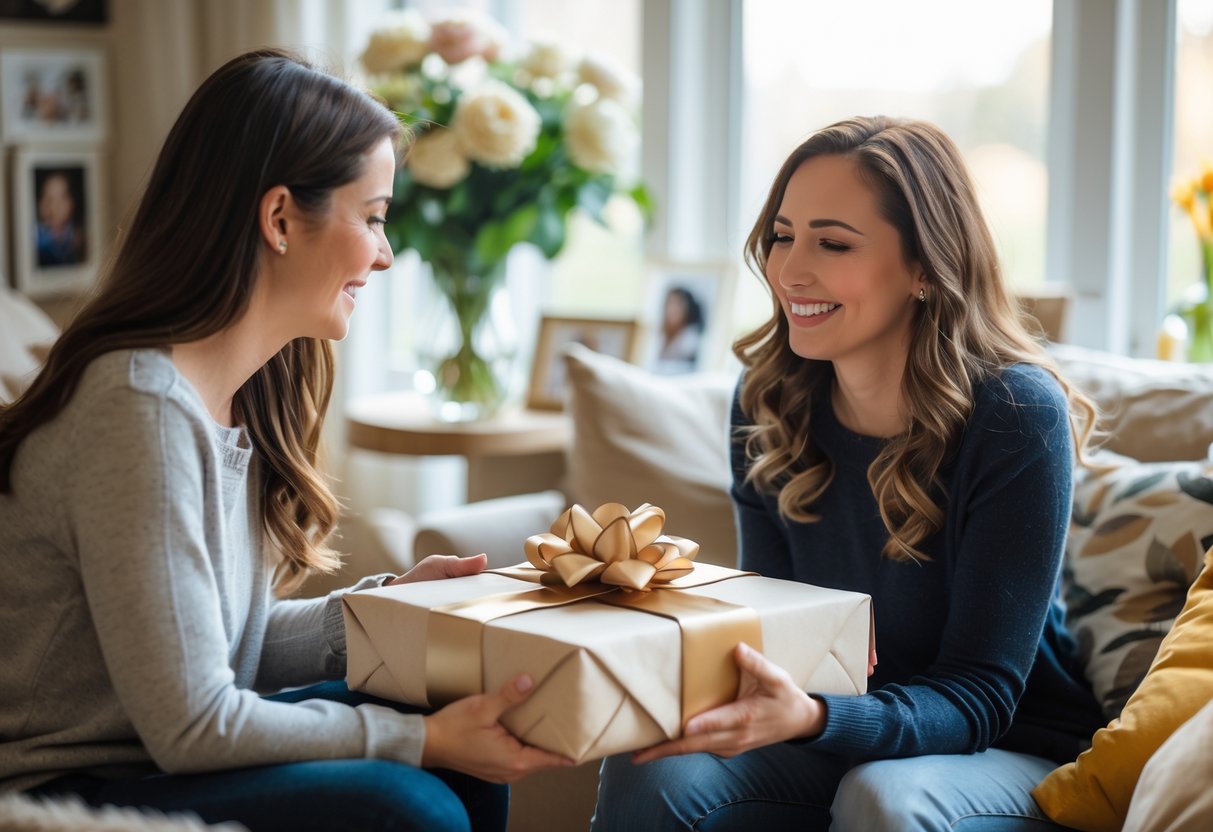 A young adult giving a personalized gift to their smiling mother in a cozy living room.