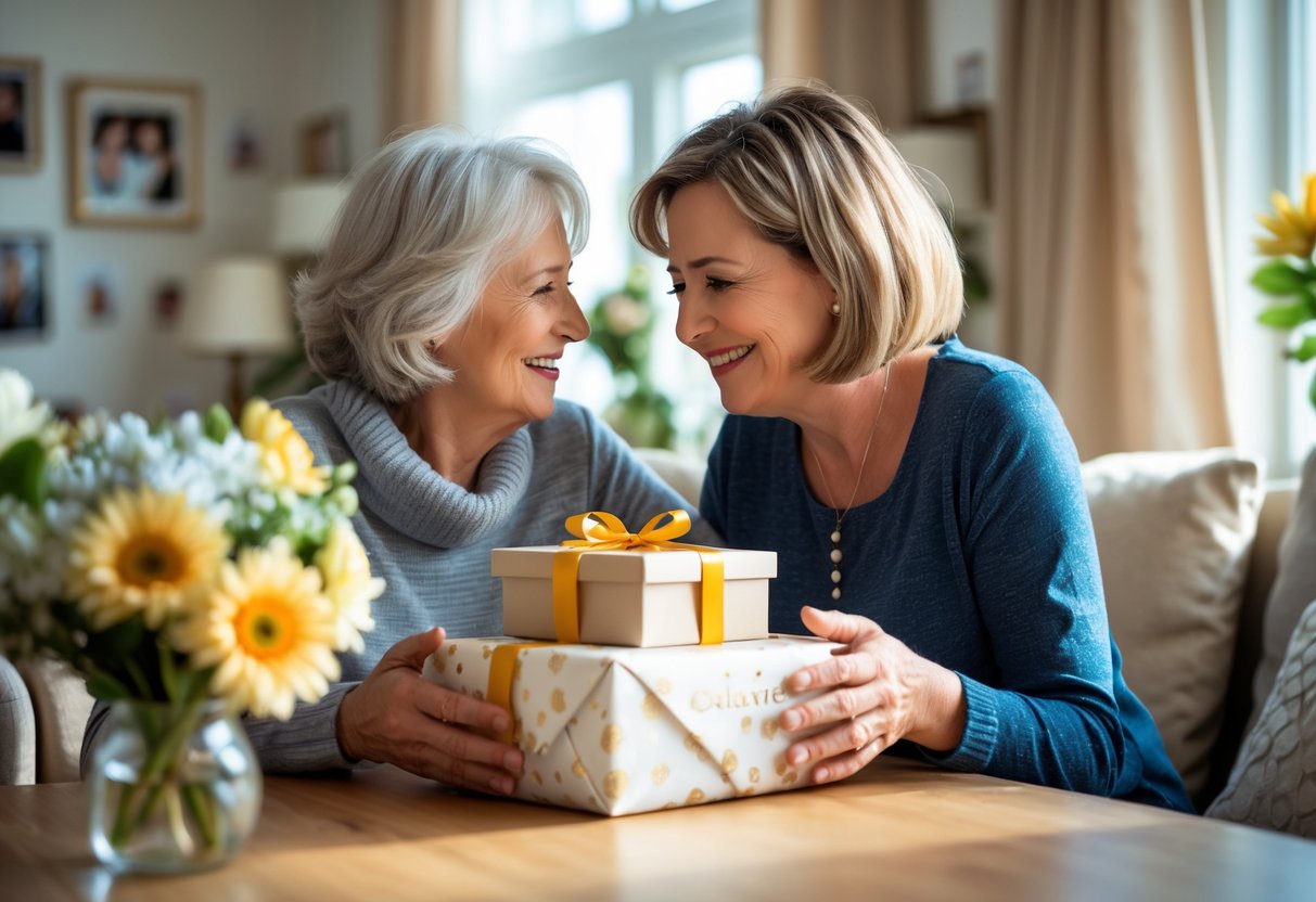 A mother and adult child sharing a warm moment as the child gives a personalized gift to the mother in a cozy living room.