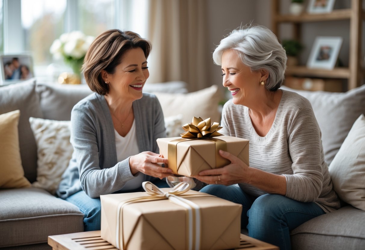 A mother happily opening a personalized gift from her adult child in a cozy living room.