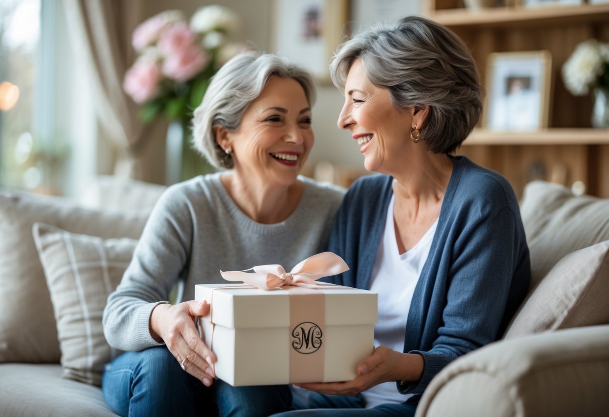 A mother and adult child sharing a happy moment as the child gives the mother a personalized gift in a cozy living room.