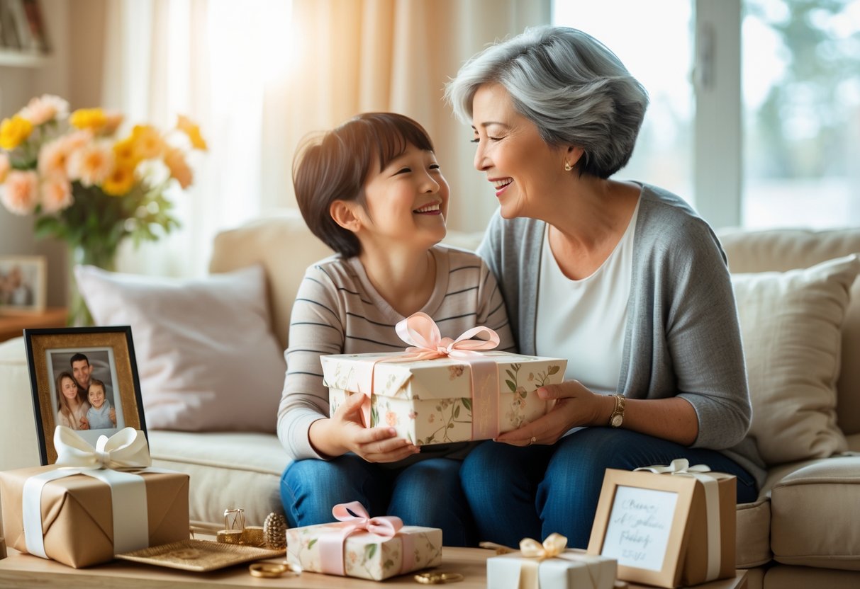 A mother and adult child sharing a joyful moment as the child gives a beautifully wrapped personalized gift to the mother in a cozy living room.