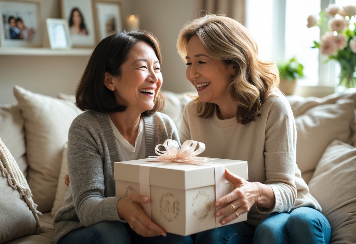 A mother and adult child sharing a joyful moment as the child gives a beautifully wrapped personalized gift in a cozy living room.
