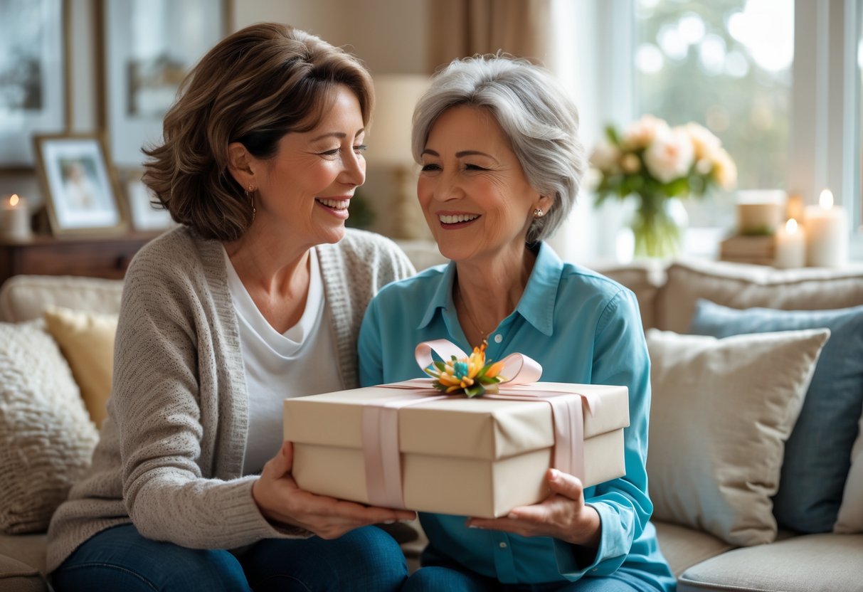A mother smiling as she receives a wrapped personalized gift from her adult child in a cozy living room.