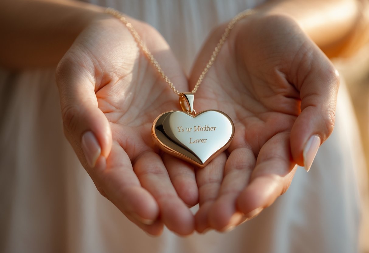 Close-up of a woman's hands holding a delicate heart-shaped personalized jewelry piece.