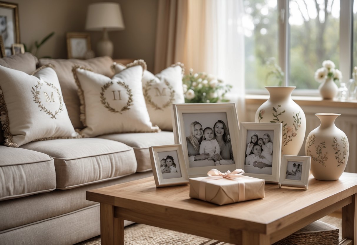 A cozy living room with personalized home decor items including embroidered pillows, framed family photos, ceramic vases, and a wrapped gift box on a coffee table.