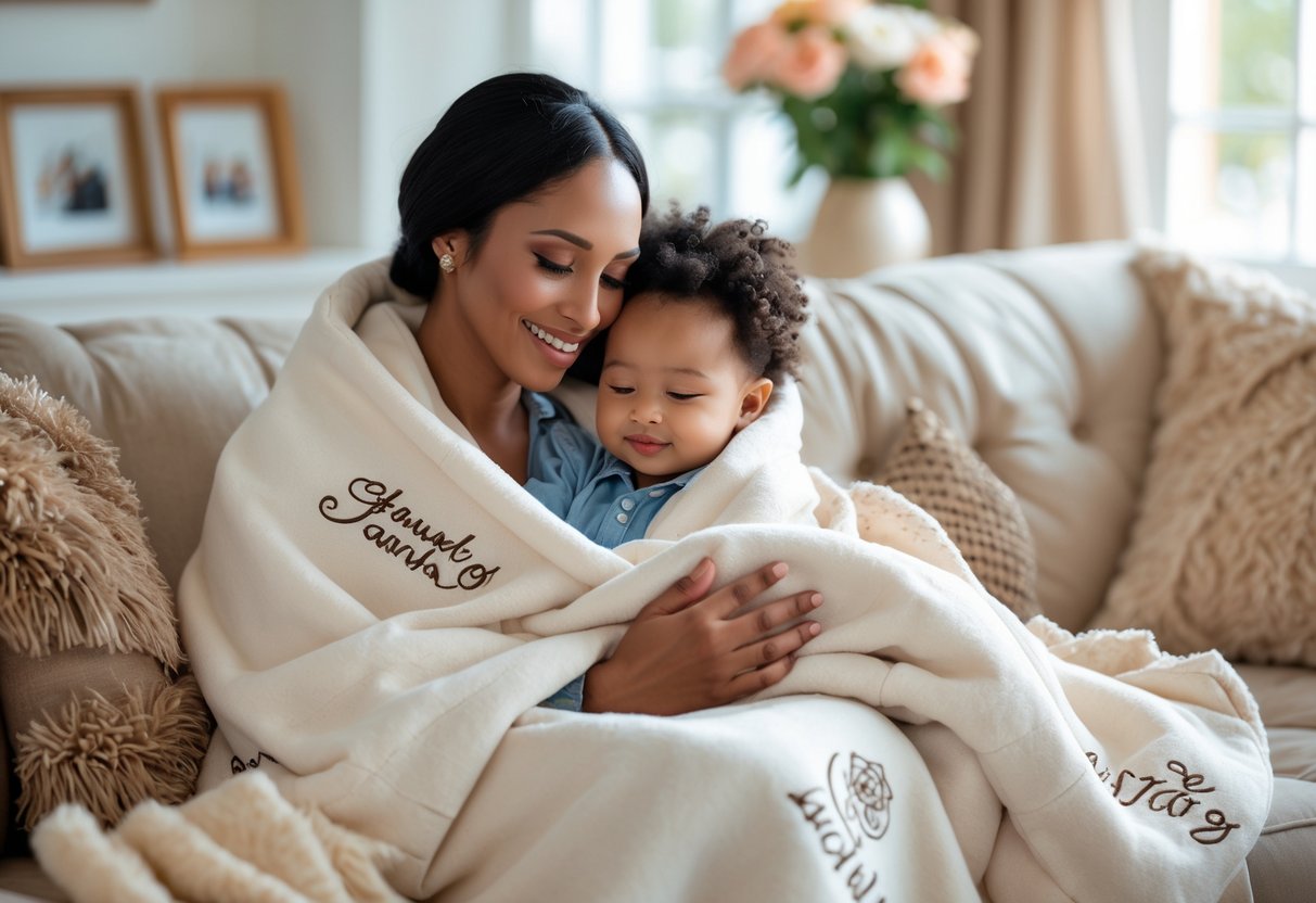 A mother and child wrapped in a cozy personalized blanket, sitting together and sharing a loving moment in a bright living room.