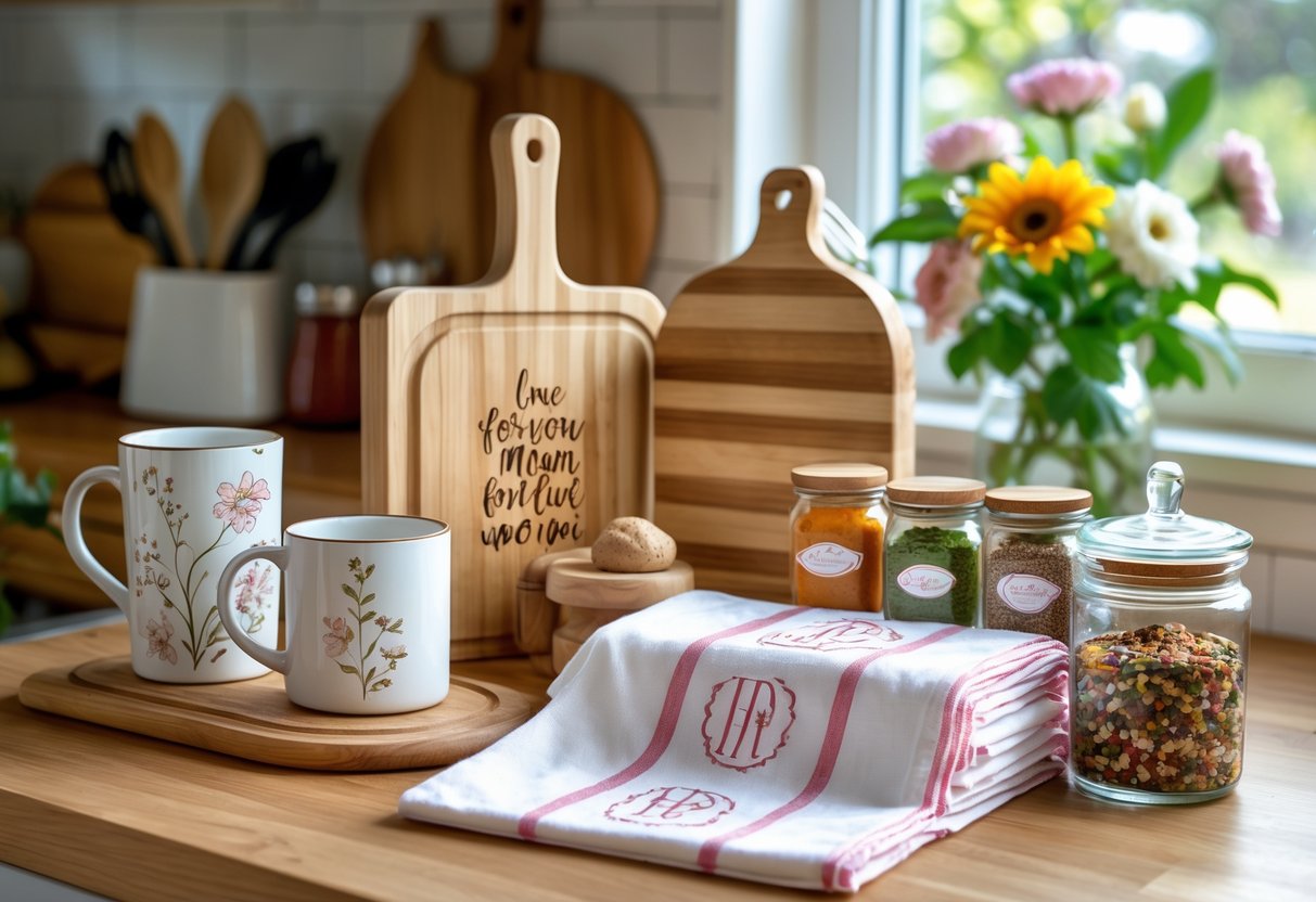 A kitchen countertop displaying personalized kitchenware and everyday items including a ceramic mug, engraved cutting board, embroidered towels, and a jar of spices with a vase of fresh flowers in the background.