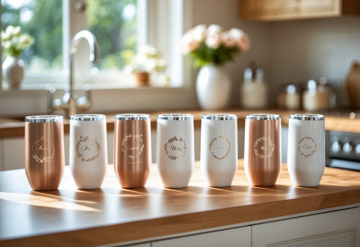 Personalized tumblers and drinkware arranged on a kitchen countertop with fresh flowers in the background.