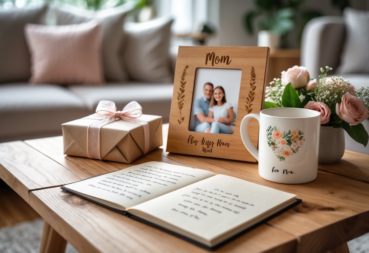 A cozy home table displaying personalized gifts for mom including a wrapped box, engraved photo frame, ceramic mug, handwritten note, and flowers.