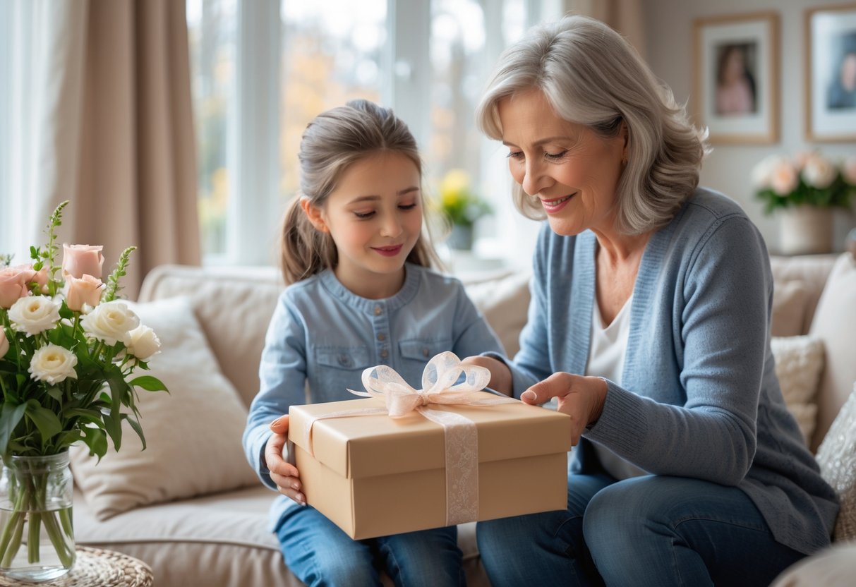 A mother receiving a beautifully wrapped personalized gift from her adult child in a cozy living room, both smiling warmly.