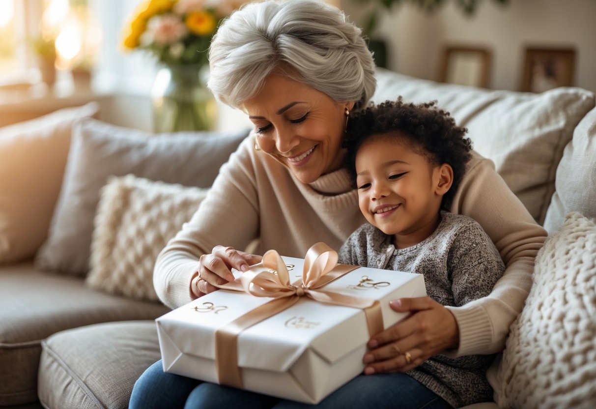 A mother happily receiving a wrapped personalized gift from her adult child in a cozy living room.