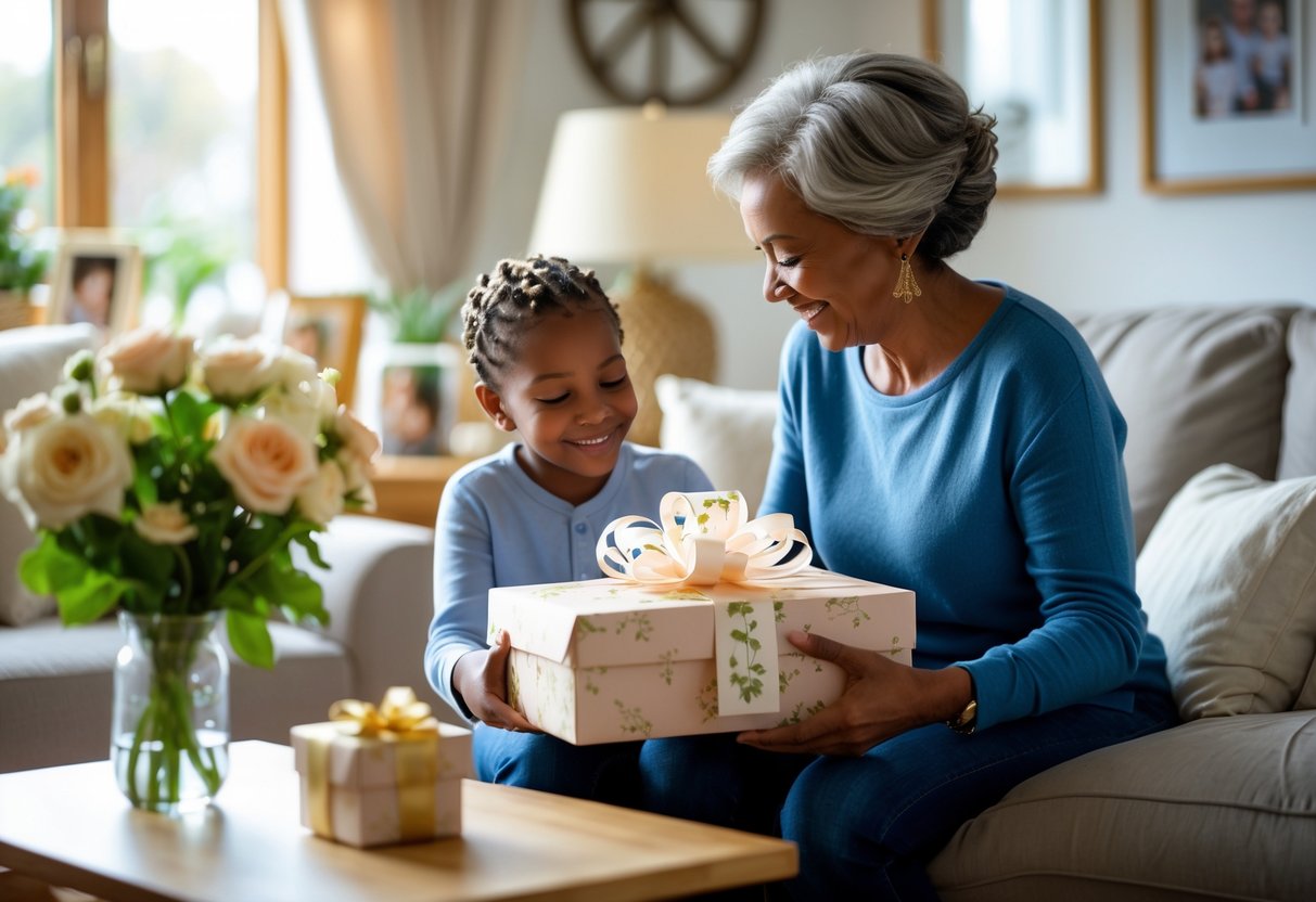 A mother receiving a wrapped personalized gift from her adult child in a cozy living room filled with natural light and home decor.