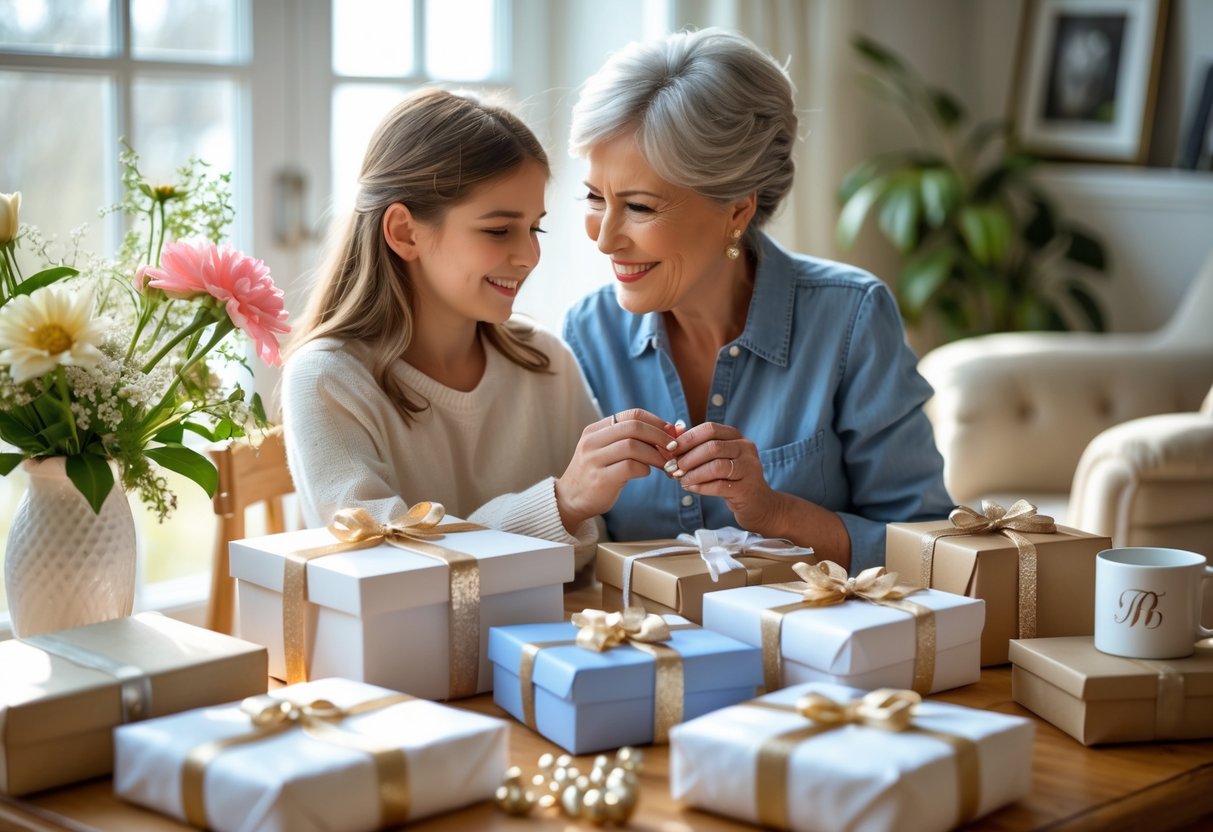 A mother and adult child sitting at a table with personalized gifts, smiling and sharing a warm moment together.