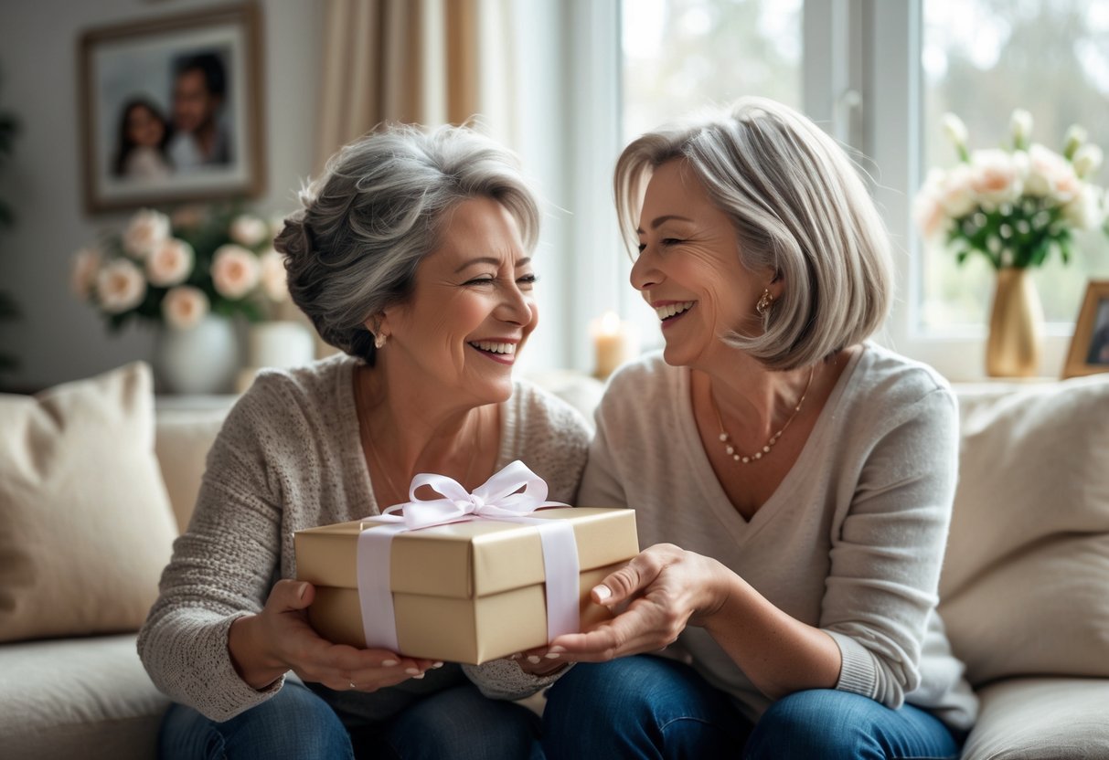 A mother smiling joyfully as her adult child gives her a beautifully wrapped personalized gift in a cozy living room.